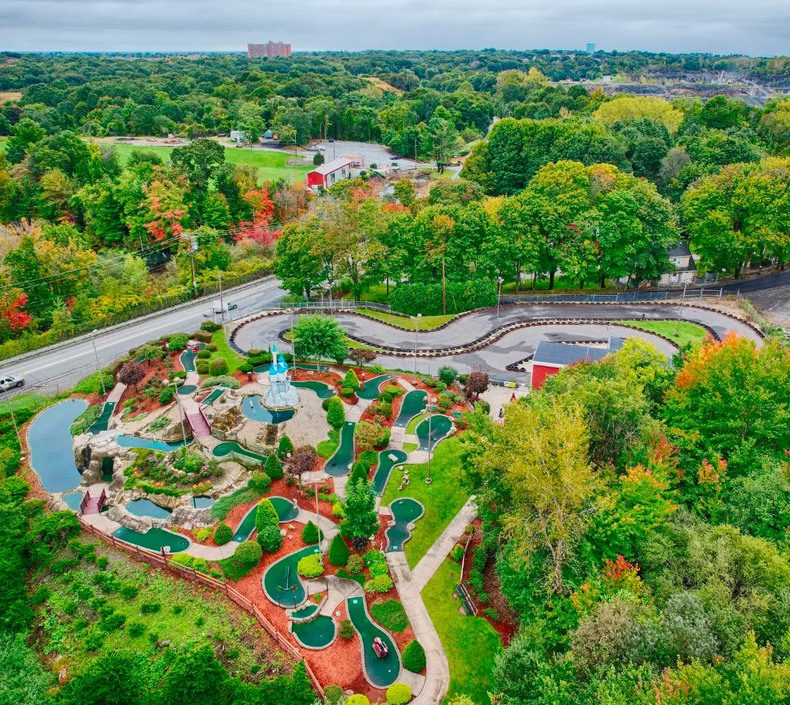 Aerial view of Castle Creek Adventure Land mini golf and go-kart track